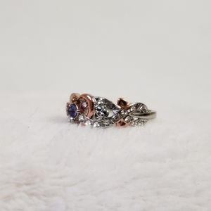 Silver and copper simulated Amethyst and diamond ring, NWOT, heart shaped